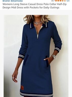 Navy Polo-Style Long Sleeve Midi Dress